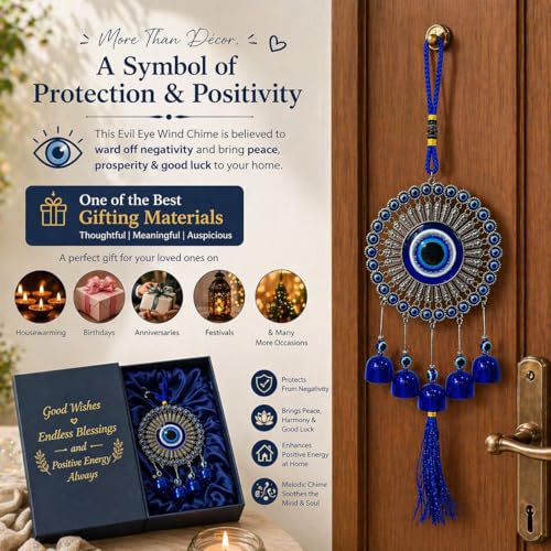Image of Jaipur Ace 5 Bell Evil Eye Hanging Wind Chime for Home & Balcony Decor - Blue Nazar Protection Charm with Soothing Sound, Decorative Wall Hanging for Positive Energy, Living Room & Gift Use