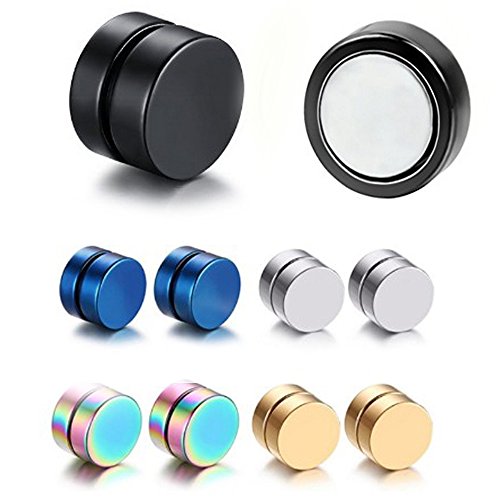 Fashionsupermarket 5 Pairs Stainless Steel Non Piercing Magnetic Earring Studs for Non Pierced Ears,Colorful,Hypoallergnic