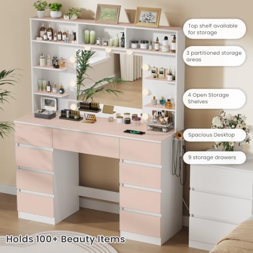 Image of Vanity Desk with Mirror and Lights,43 inch Makeup Vanity Table with 9 Drawers and 7 Storage Shelves, Power Outlet & Adjustable LED Lights, Dressing Table for Bedroom,White