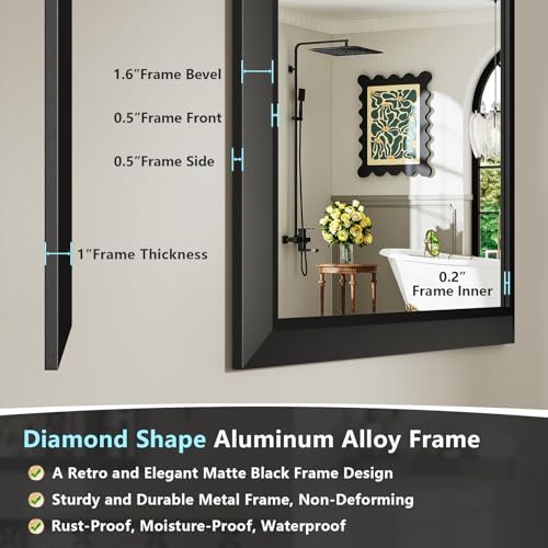 Image of 40x38 Inch Black Bathroom Mirror for Wall, Beveled Framed Rectangle Bathroom Vanity Mirrors for Over Sink, Bedroom, Living Room, Entryway, Anti-Rust, HD Tempered Glass, Horizontally /Vertically