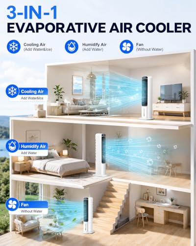 Image of Uthfy 41 Inch Swamp Cooler Air Conditioner, 3-in-1 Portable Air Conditioners with 120 Oscillation, Top Fill, 4L Water Tank, 4 Ice Parks, 4 Modes, Fans that Blow Cold Air with Remote and Touch Control