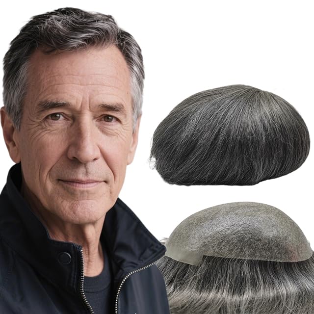 Protesi Capelli Uomo Yanahair Toupee per Uomini Parrucchini Parrucca Capelli Veri Uomo Parrucche Europeo Capelli Umani Veri 0.04mm V-loop PU pelle sottile Toupet 8x10”,#1B60 60% capelli umani grigi