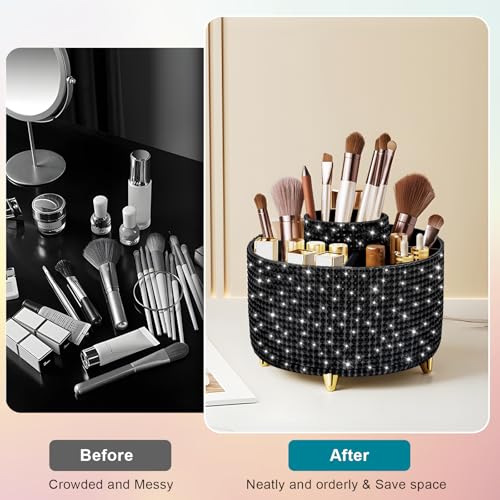 Image of Diesisa Bling Diamond 360 Makeup Brush Holder Organizer, Rotating Makeup Brush Organizer,5 Slot Make up Brushes Cup for Cosmetics, Vanity Desktop Organizer, Gift for Women Teen Girls- Diamond Black
