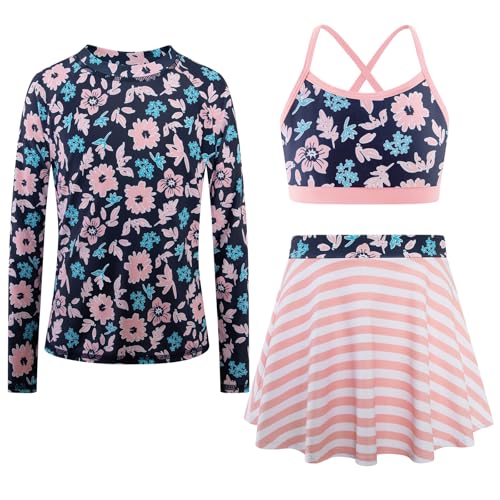 Image of Girls Swimsuit Long Sleeve Swim Shirt 3 Piece Rash Guard for Girls Bathing Suit with Boyshorts