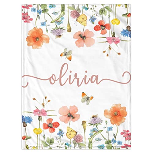 Lcyawer Personalized Swaddle Baby Blankets with Name Plants Flowers, Customized Floral Nursery Blanket for Girls, Newborn Shower Gifts for Baby Girl,...