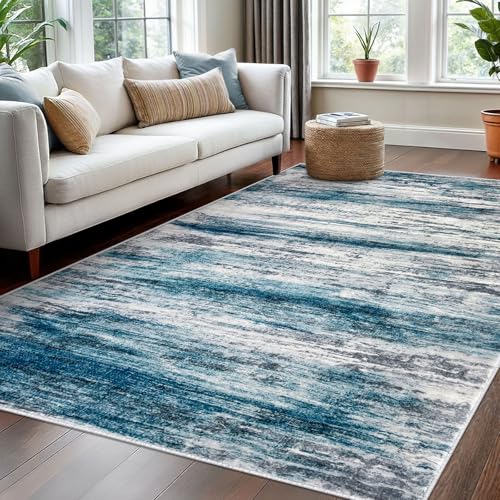 KOZYFLY Washable Area Rug 5x7 Modern Ombre Living Room Thin Rug Non-Slip Soft Striped Rug for Bedroom, Print Distressed Blue Abstract Carpet for Laundry Kid Room