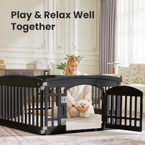 Image of Sweetcrispy Dog Playpen, Plastic Puppy Pet Fence, 6 Panels 24 Inch | Expandable Durable Plastic Build, Indoor Outdoor Portable, Secure Locking Door, Small Medium Size Dog, Black