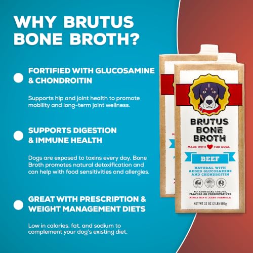 Image of Brutus Broth Dog Food Topper - Instant Bone Broth Liquid for Adult Dogs - Supports Hip and Joint Function - Human-Grade Quality, Serve Dry or Wet - Beef Flavor, Pack of 2