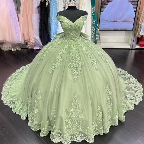 Gorgeous Off Shoulder Quinceanera Dresses Puffy Long Ball Gown with Train Lace Beaded Tulle Sweet 16 Dresses2