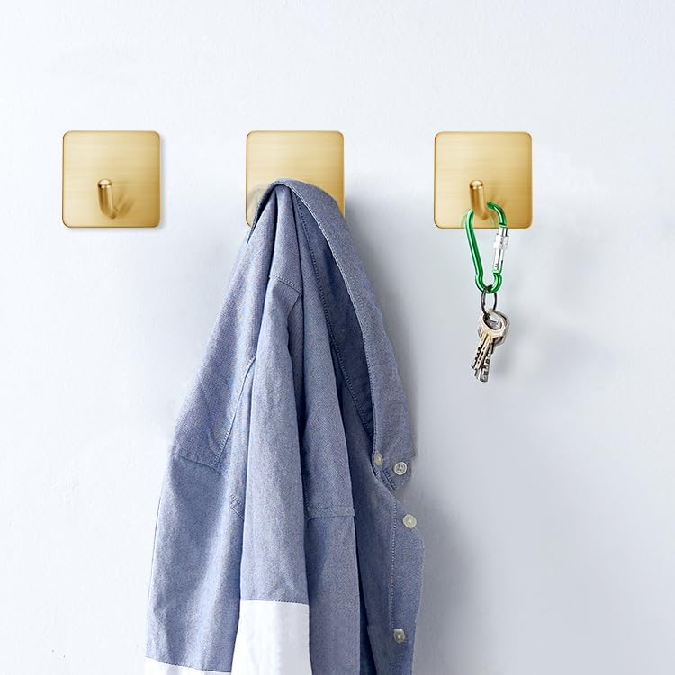 FOTYRIG Golden Stainless Steel Square Self Adhesive Hooks - Extra-Long Anti-Slip with Upgraded Adhesive, Holds 15lb Heavy Duty Wall Hooks for Kitchen, Bathroom, Garage -4 Packs - Image 5