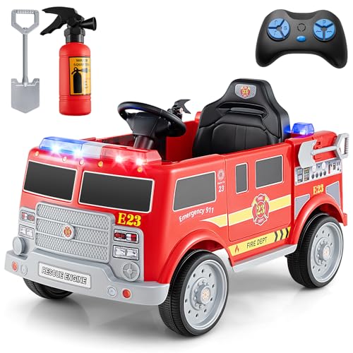 Costzon Kids Ride on Fire Truck, 12V Battery Powered Fire Car w/Remote Control, Extinguisher, Shovel, Loudspeaker, Music, Sirens, Lights & Wireless Connection, Electric Vehicle for Kids(Fire Truck)
