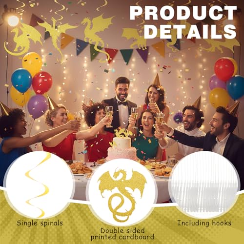 Image of Sumind 30 Pcs Dragon Hanging Swirls Party Decorations, Gold Dragon Ceiling Hanging Decor for Medieval Fantasy Themed Birthday Party Supplies, 10 Designs