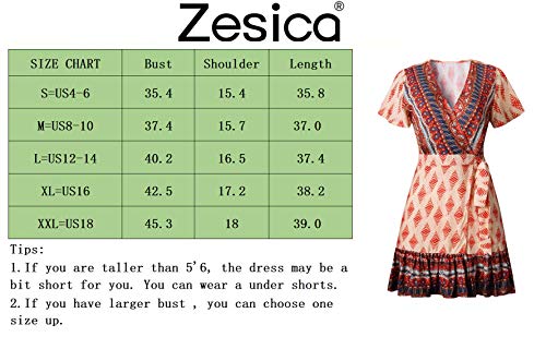 Zesica Women's 2023 Summer Wrap V Neck Bohemian Floral Print Ruffle Swing A Line Beach Mini Dress,Orange,Large #TOP2