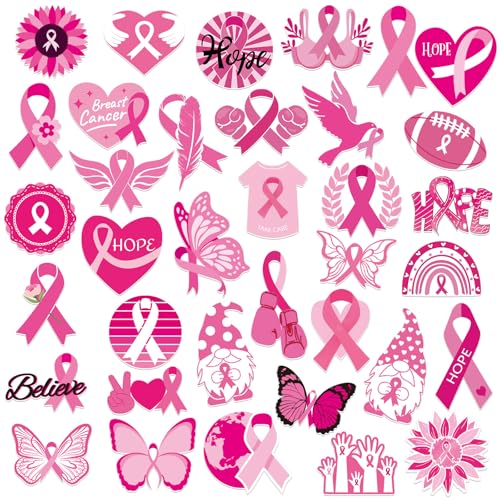 36Pcs Breast Cancer Awareness Pins Acrylic Pink Ribbon Lapel Pins Hope Love Heart Ribbon Brooch Pin for Women Breast Cancer Survivor Support Statement Breast Cancer Awareness Items Accessories