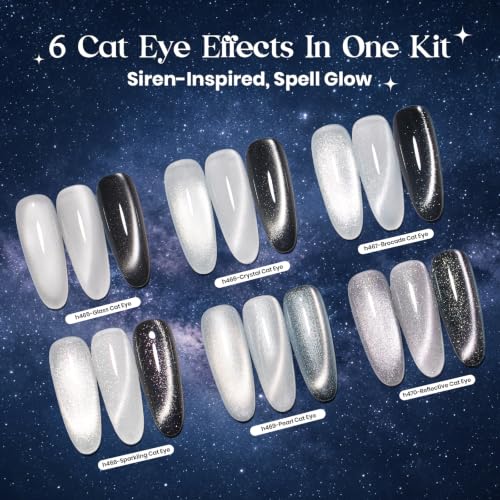 Image of Beetles Silver Cat Eye Gel Nail Polish Set, Dusted Galaxy 6 Colors Magnetic Glass, Crystal, Pearl, Reflective & Glitter Silver Cat Eye Gel Polish Set with 2 Magnets, DIY Color Card for UV