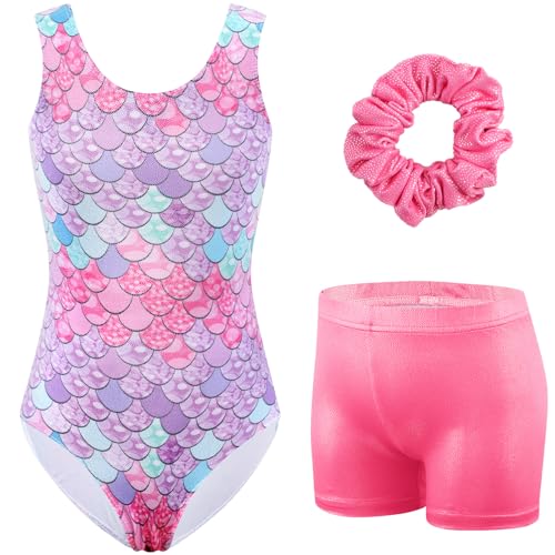 HOZIY Girls Gymnastics Leotards Outfits Sparkly Bow Back Unitards Biketard with Tumbling Shorts Hair band Kids 3-10 Years