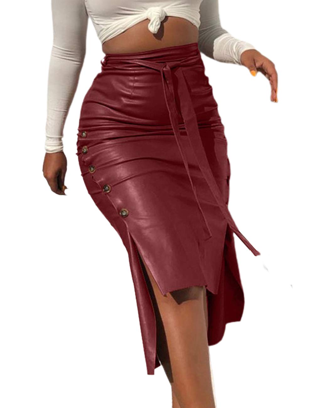 Huyghdfb Womens Faux Leather Midi Skirts High Waist Knee Length Slit Bodycon Pencil Skirt with Belt (Wine Red, M)