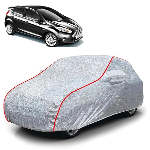 Image of Sulfar 100% Waterproof Car Body Cover Compatible with Mirror for Ford Fiesta Sport (Triple Stitched, Full Bottom Elastic, Magic Silver with Red Piping)