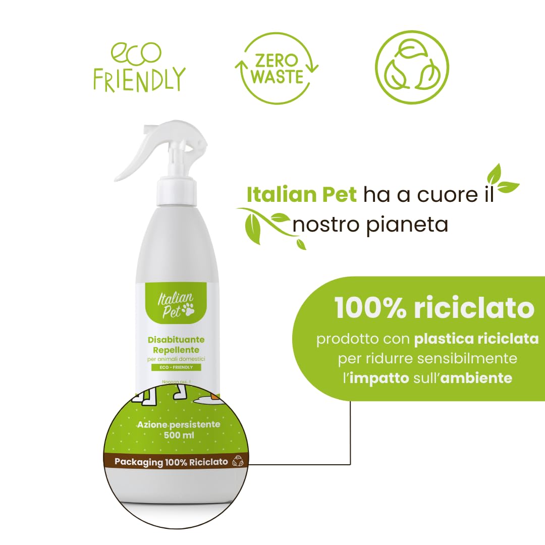 Italian Pet Eco Disabituante per Gatti, Cani, Animali Domestici - Repellente Pipì da Esterno e Interno - Dissuasore Naturale Urine Pronto Uso - Innocuo per Salute - Flacone plastica 100% riciclata