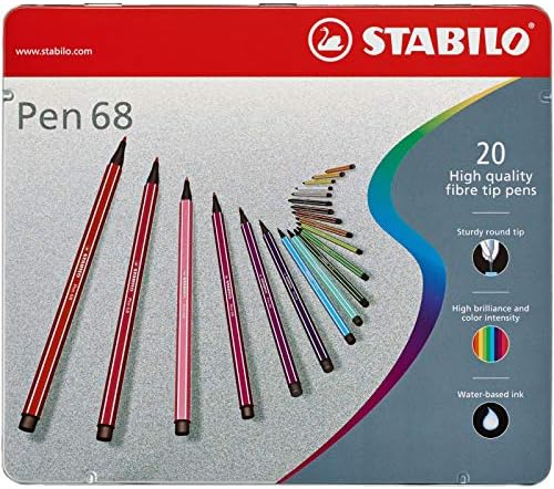 Premium Felt Tip Pen - STABILO Pen 68 - Tin of 12 - Assorted Colours