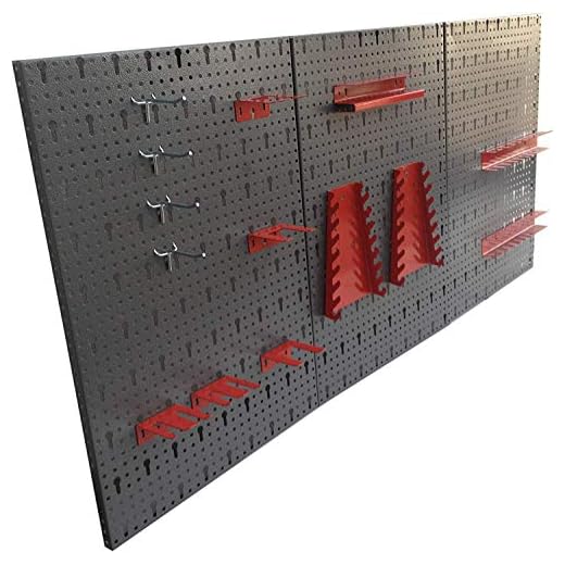 Dreiteilige Werkzeuglochwand aus Metall mit 14tlg. Hakenset, ca. 120 x 60 x 1 cm