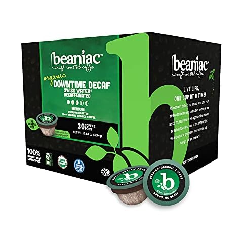 beaniac Organic Downtime Decaf Swiss Water Decaffeinated, Medium Roast, Single Serve Compostable K Cup Coffee Pods, Organic Arabica Coffee, Keurig Brewer Compatible, 30 Count Cover
