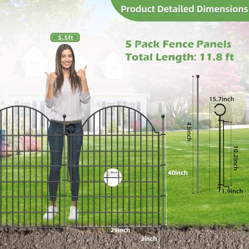5 Panels Decorative Garden Fencing with Gate for Yard, 40in (H) x 11.8ft (L) No Dig Animal Barrier Fence, Rustproof Metal Wire Outdoor Dog Fences Panel Border with Temporary Ground Stakes
