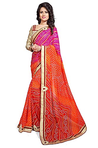 Sari georgette Bandhej rose orange idéal pour vos célébrations et mariages festifs