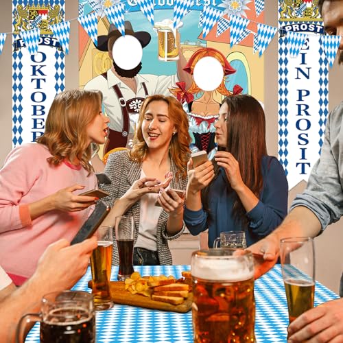 PLULON Lot 6 décorations fête l'Oktoberfest toile fond photo l'Oktoberfest bannière bienvenue panneau nappe bavaroise drapeau carreaux fête thème allemande blanche bleue fournitures festival la bière – vue 5