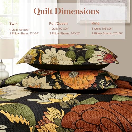 Image of Tyrot 3 Piece Black Boho Floral Full /Queen Quilt Sets Reversible Farmhouse Botanical Lightweight Bedspread Coverlet with 2 Shams Mid Century Microfiber Bedding Quilts Set for All Season,90''x96''