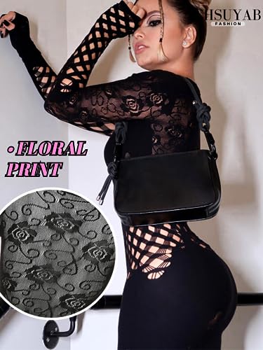 Club Outfits, Hollow Out, Long Sleeve One Piece Bodycon Fishnet Dress3