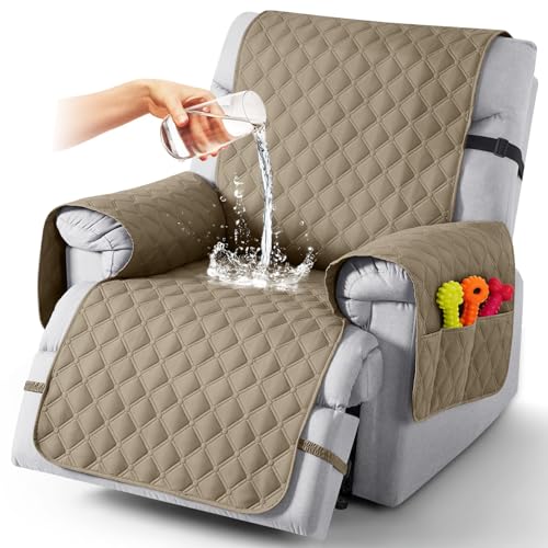 Image of TAOCOCO 100% Waterproof Recliner Covers, Recliner Sofa Covers with Leg Straps, Reversible Recliner Couch Cover for Reclining Chair, Washable Couch Protector for Pets Kids(1 Seater 25 inch, Khaki)