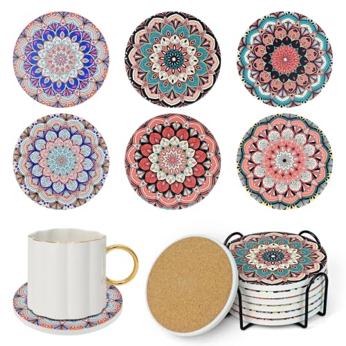 Image of Coasters Set of 6 - Ceramic Drink Absorbent Non-slip Round Cup Mats with Cork Base Outdoor Coasters for Garden Tables with Holder for Home Kitchen Bar Mugs Wine Glasses Coffee Tables