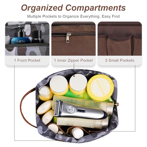 Travel Toiletry Bag for Men, Hanging Toiletry Organizer, Water Resistant Shaving Kit with Large Capacity for Travel Accessories (Camo-Gey, Medium)4