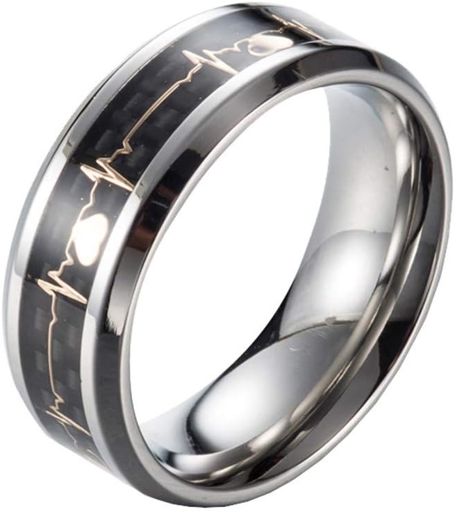 Men's Women's Stainless Steel Simple Electrocardiogram Carbon Fiber ECG Heartbeat Ring