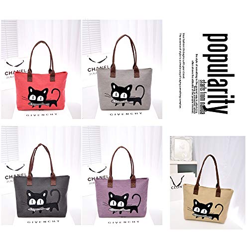 MINGZE Frauen Schulter Beutel, Segeltuch Tasche Maedchen Niedliche Katze fressen Fische Einkaufstaschen Handtaschen Strand Taschen Handtaschen (Schwarz grau)