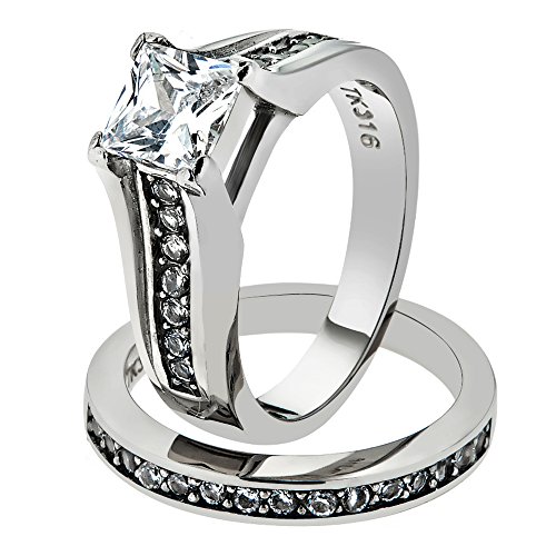 Marimor Jewelry 2.10 Carat Princess Cut Zirconia Stainless Steel Wedding Ring Set Women's Size 5-11