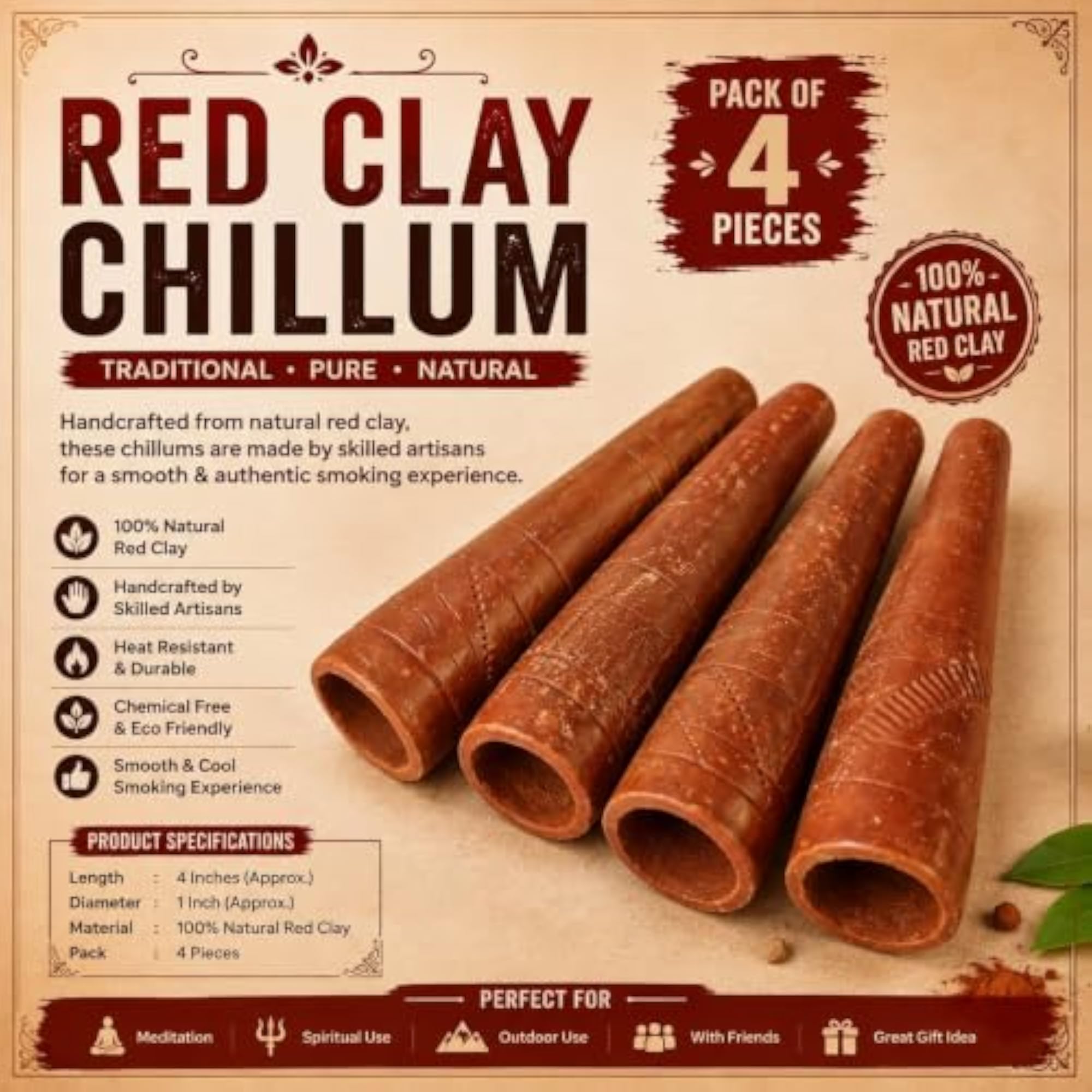Handcrafted Natural Red Clay Chillum, Smoking Gift