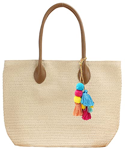 Women Large Straw Woven Tote Summer Beach Handmade Weaving Shoulder Bag Handbag with Pom Poms
