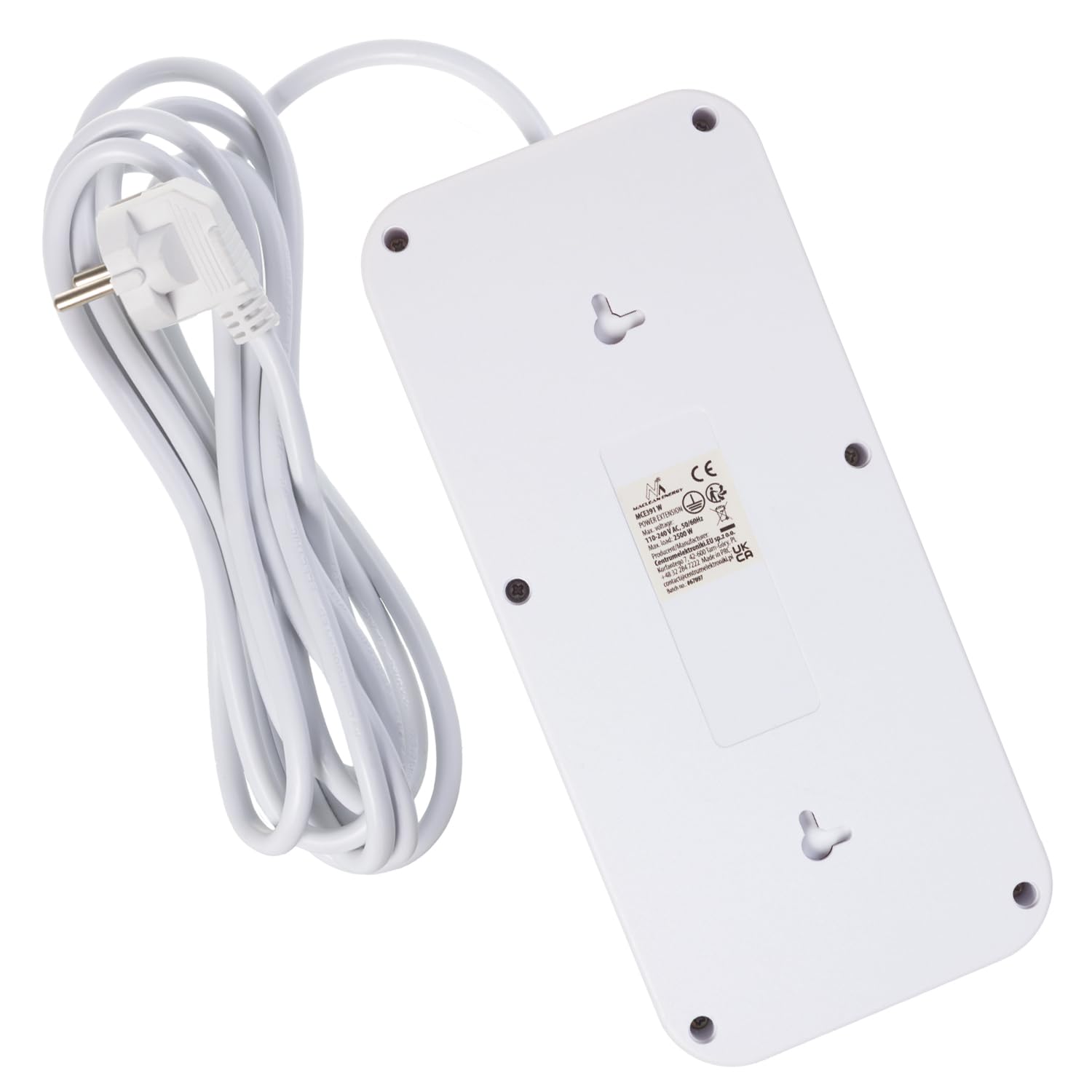 Maclean MCE389/391 Listwa zasilająca | 6 gniazdek 4xUSB 1xUSB-C 2500 W | przedłużacz biurkowy z wyłącznikiem | porty pod kątem 45° | montaż na ścianie (Biały, 6 gniazd + 4xUSB / 3m)