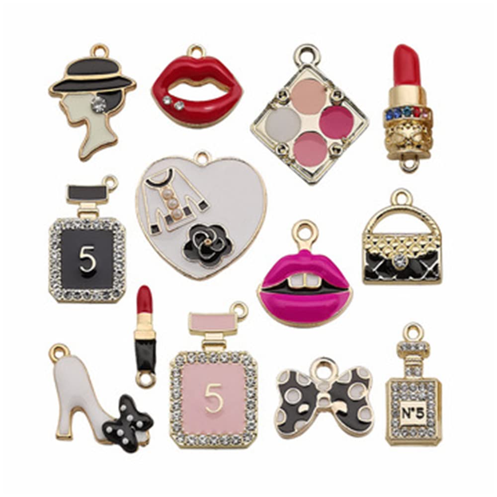 Assorted Gold Plated Enamel High Heel Lipstick Perfume Charms for Jewelry Making, DIY Fashion Bracelet Necklace Small Pendant Crafting Accessories, Alloy Pendants Drops for Earring Keychain