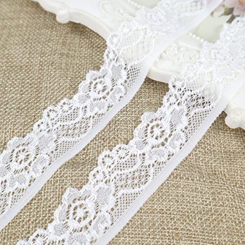 Stretch Lace Ribbon Trim, Floral White Lace Fabric By The Yard, Elastic Lace Ribbon Trim For Crafts Decorating (White 1Inch 20Yards) #TOP3