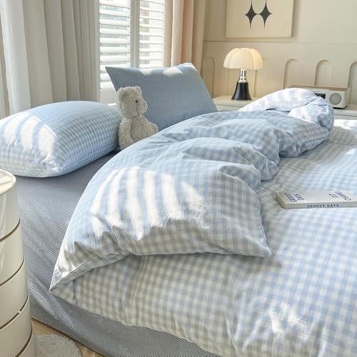 Image of VM VOUGEMARKET Blue White Gingham Duvet Cover Set,Soft Washed Cotton Bedding Set,Minimalist Plaid Bed Set with Pillowcases,Cozy Bedroom & Dorm Decor,King Size