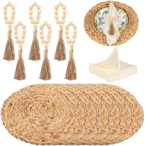 Calolin 6-teiliges Boho-Wasserhyazinthen-Set, runde geflochtene Tischsets mit Holzperlen-Serviettenringen & Dinner-Servietten, farmhouseartige, hitzebeständige Tischsets