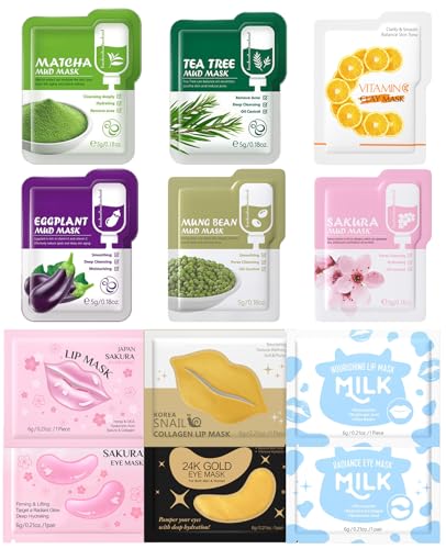 Benaewa 12 Pcs Face Mask Skincare Set, Skincare Set Including 3 Face, 3 Eye and 3 Lip Masks for Teenagers, Girls