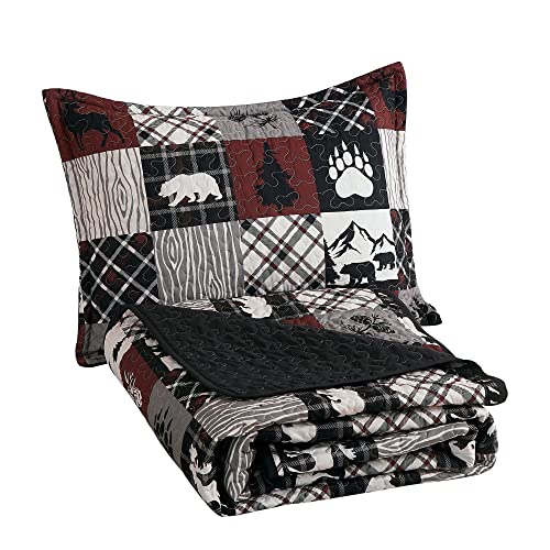 Chezmoi Collection Vista 3-Piece Southwestern Cabin Lodge Quilt Set - Red White Black Gray Grizzly Bear Pinecone Tree Moose Printed Microfiber Bedspread Set, Queen (100" X 95") #TOP7