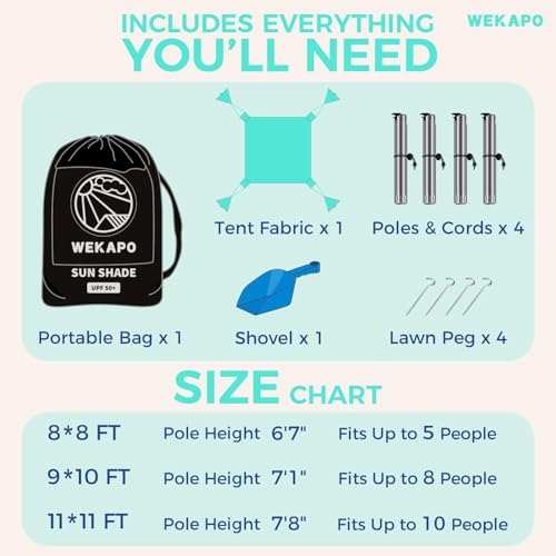 WEKAPO Beach Tent Sun Shelter - Easy Setup Beach Canopy with 4 Sturdy Poles, Large Sandbags and Shovel, 6'7'' Tall, Windproof Sun Shade for Backyard and Camping, UPF 50+ Protection - Image 6
