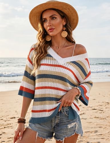 Image of Rapbin Women's Crochet V Neck Beach Cover Up 3 /4 Sleeve Hollow Out Knitted Pullover Sweater