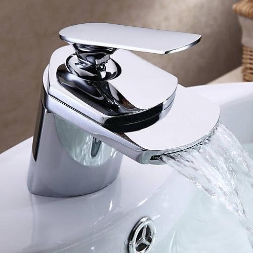 Miniatura 5 de Wovier Grifo del lavabo del cuarto de baño de la cascada del cromo,Grifo de lavabo de un solo agujero de la manija,Grifo mezclador del lavabo