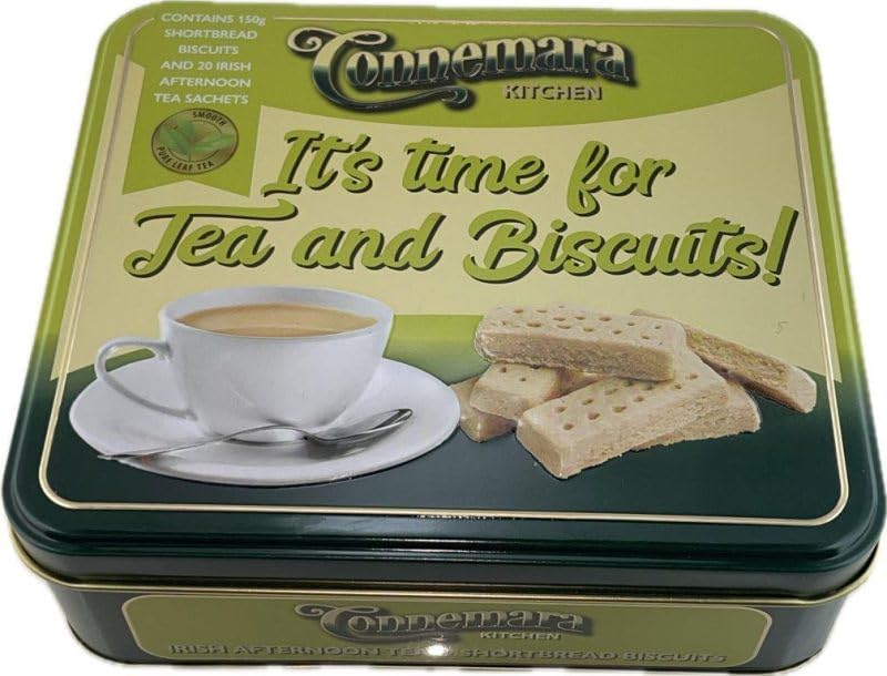 JC Walsh and Sons Connemara Irish Tea & Shortbread Biscuits Combo – 20 Tea Sachets & 5.29oz Butter Cookies in Reusable Tin – Gift for Tea Lovers (Afternoon Tea & Biscuits)